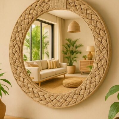 Miroir en macramé tressé